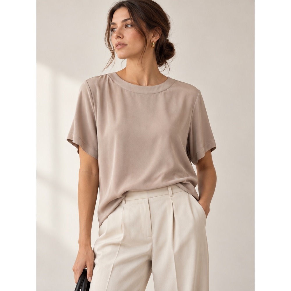 Vintage 90s Anne & Frank 100% Silk Washable Minimalist Blouse Size L Taupe NWT